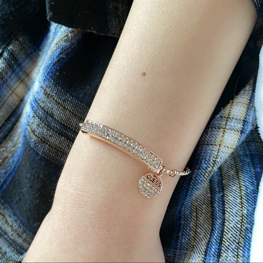 Guess Rhinestone Pave Bar Rose Gold Slider Bracelet Fashion Jewelry
